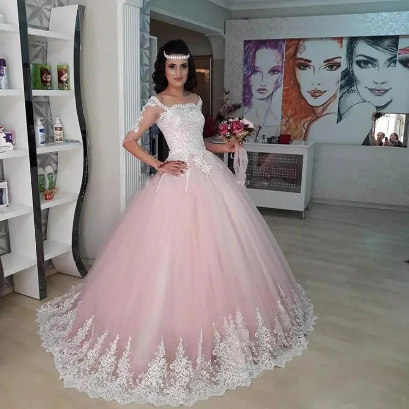 Милое светло-розовое бальное платье платья Quinceanera с рукавом до локтя белое