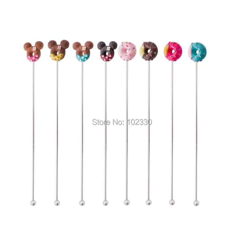100pcs Cute Resin Donut Stainless Steel Coffee Stir Bar Bar Cocktail Mixing Spoon Stirring Rod Silver Gold