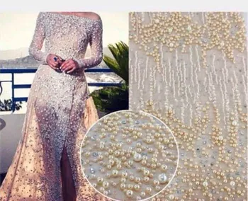 

2016 High quality French Lace Fabric H5441 Nigerian Lace Fabrics High Quality Pearls Beaded Tulle Fabric
