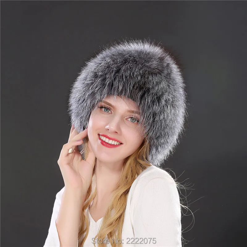 

women winter fur hat genuine fox fur hats knitted silver fox fur caps female