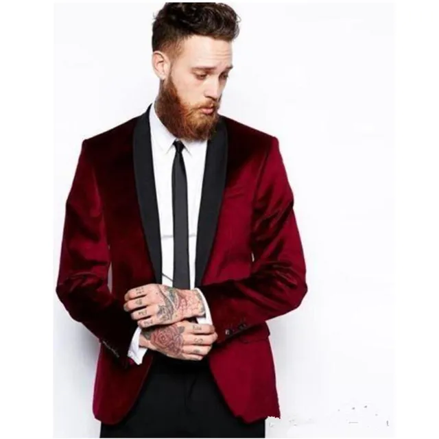 2018 Fashion Red Velvet Men Suits with Black Lapel Business Suit