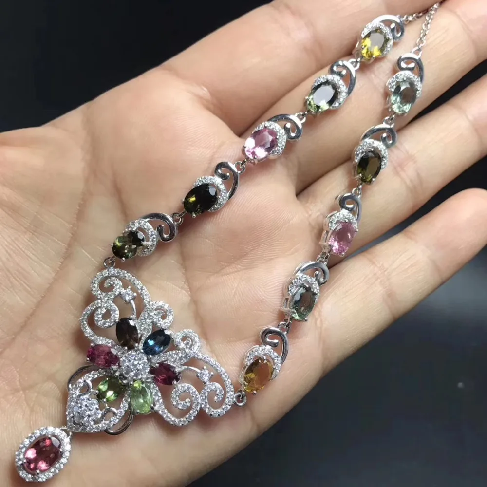  Collier pendentif fleurs papillon gracieux tourmaline multicolore naturel S925 argent collier de pi