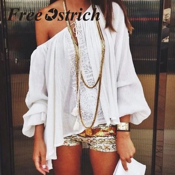 

Free Ostrich 2019 Women Sexy Off Shoulder Casual Tops Blouse Lace Crochet Chiffon Shirt White Solid Fresh Long Sleeve Mini Dress