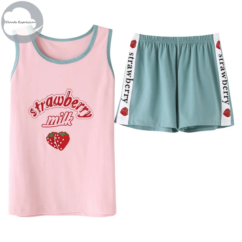 

Summer Knitted Cotton Sleeveless Pajamas Young Women's Pajama Sets Sweet Girls Sleepwear Ladies Sexy Pajamas Home Fashion