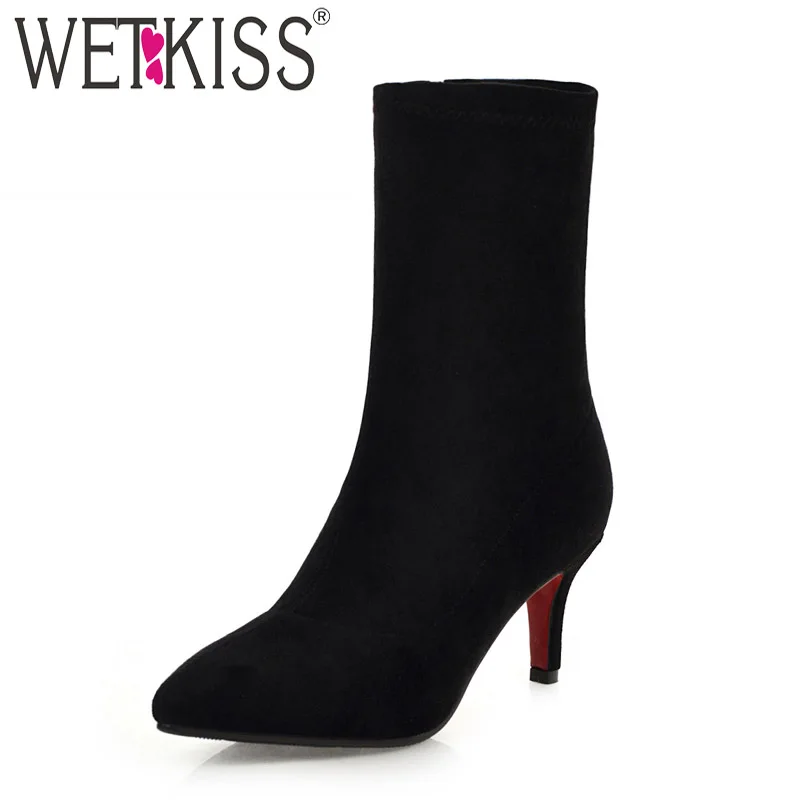 

WETKISS Mid-Calf Boots Women Thin High Heels Boot Party Shoes Female Zip Shoes Ladies Pointed Toe Shoes Winter Black 2019 New