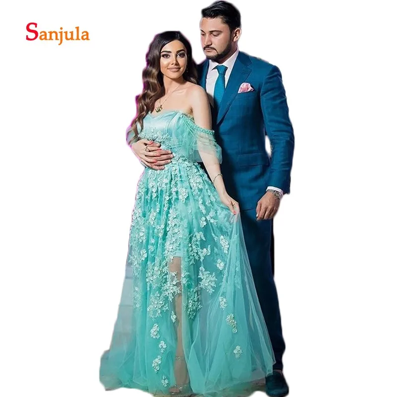 

Turquoise Tulle A-Line Saidi Arabic Evening Dresses Gowns 2019 Sweetheart Appliques Beaded Luxurious Formal Dresses Beaded D990