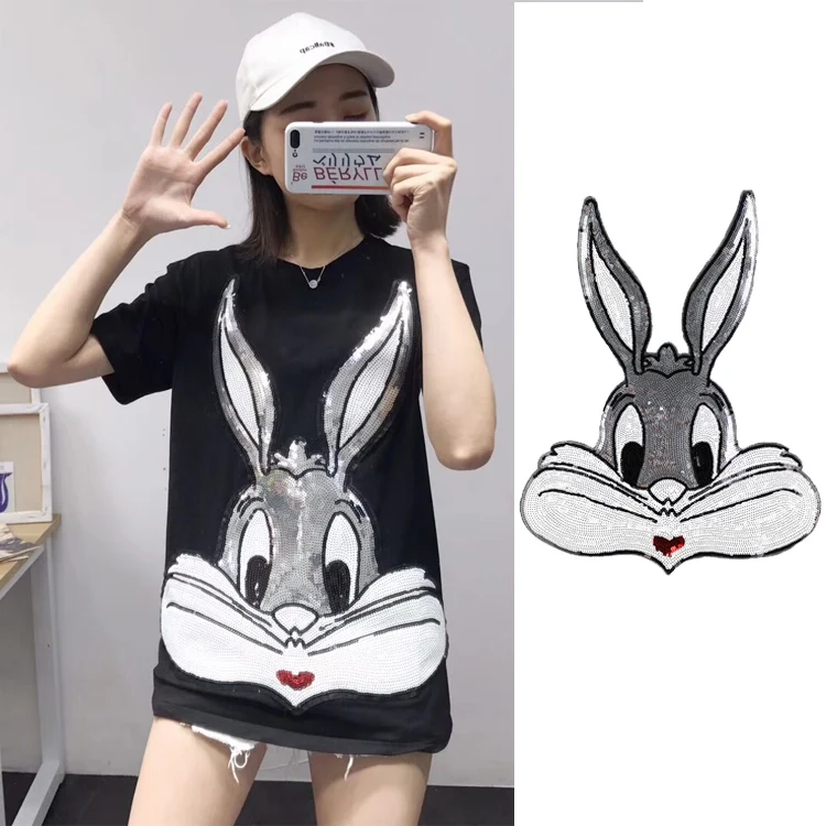 

Fashion Cartoon Big Rabbit Head Sequined Cloth Sticker Clothing Patch Applique Iron on Patches