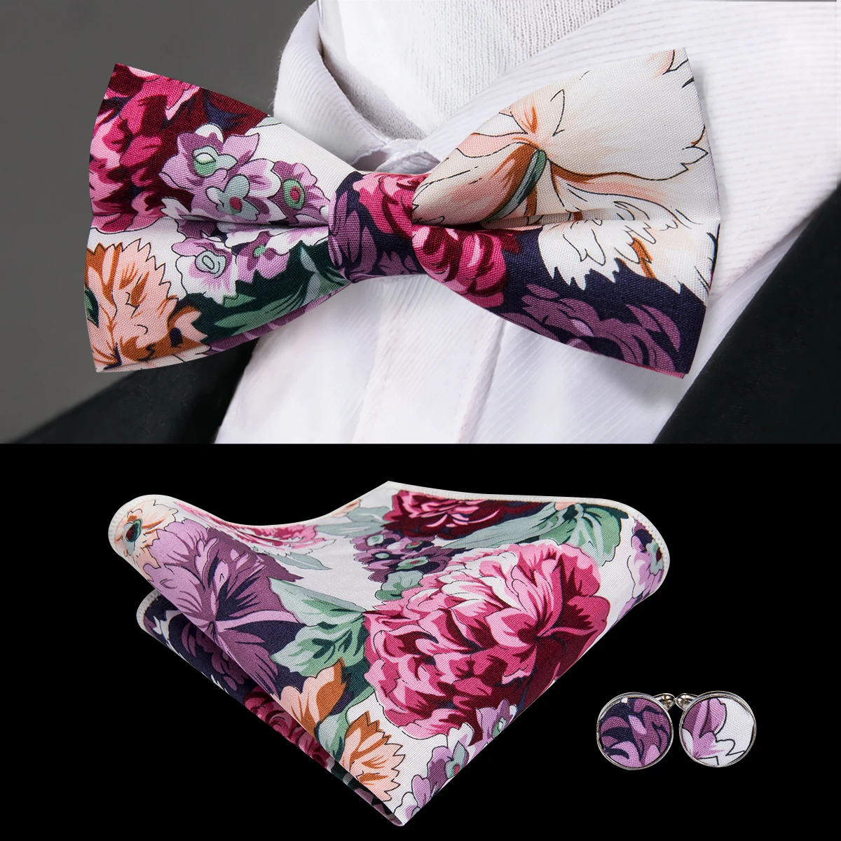 Hi-Tie Men Pink Floral Bowtie Silk Bow Tie Handkerchief Cufflinks Set for Suit Tuxedo Wedding Bowties Gift Wholesale LH-683
