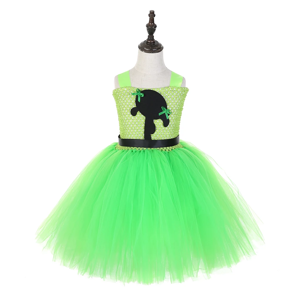

Green Power Puff Girls Cartoon Pattern Tutu Party Dress Super Girl Blossom Bubbles and Buttercup Easter Back to School Costumes