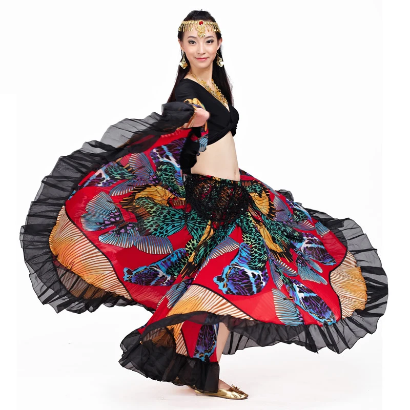 720 градусов Племенной танец живота костюм женский наряд 2 шт. набор топ и юбка бабочка шаблон полный круг цыганские костюмы