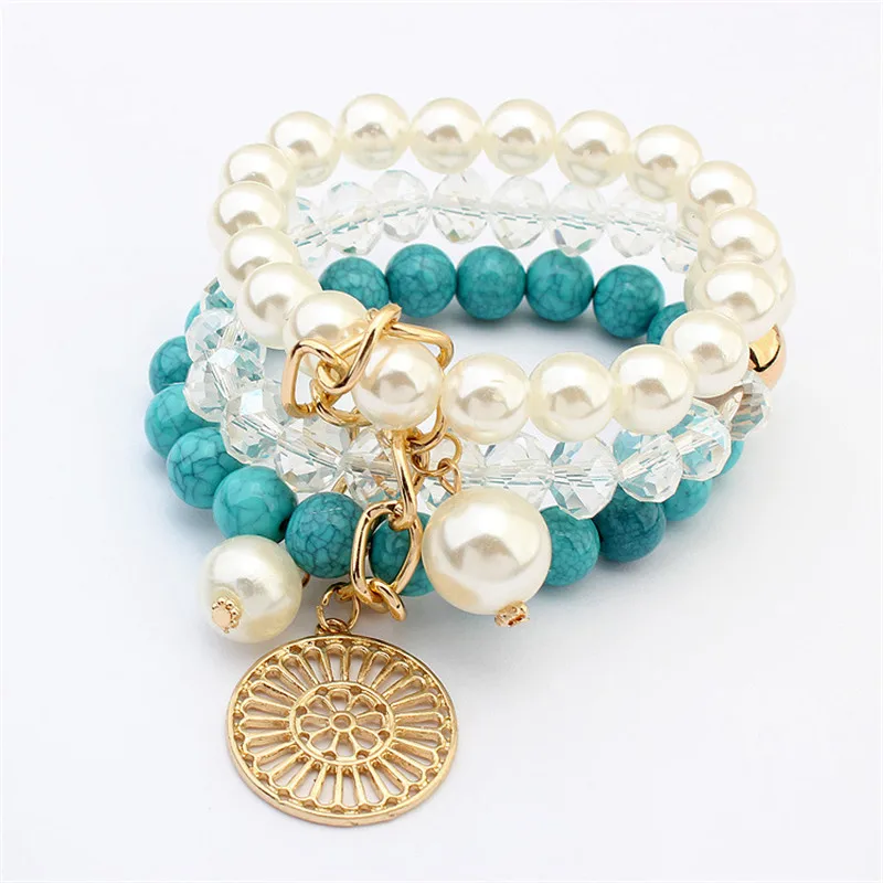 

Bohemian Sweet Beaded Multi-layer Bracelet USA Fashion Geometric Hollow Disc Pearl Resin Elastic Jewelry Accessories SZQ002