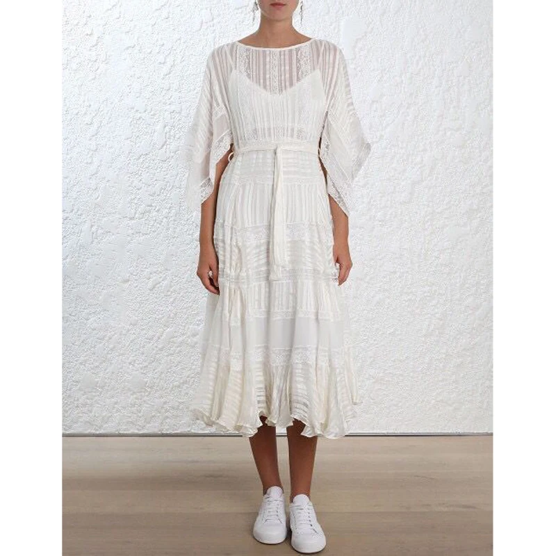 

2018 High Quality Patchwork Sashes Batwing Sleeve White Lace Woman Long Dress Casual Holiday Travel Noble Woman Dress Vestidos