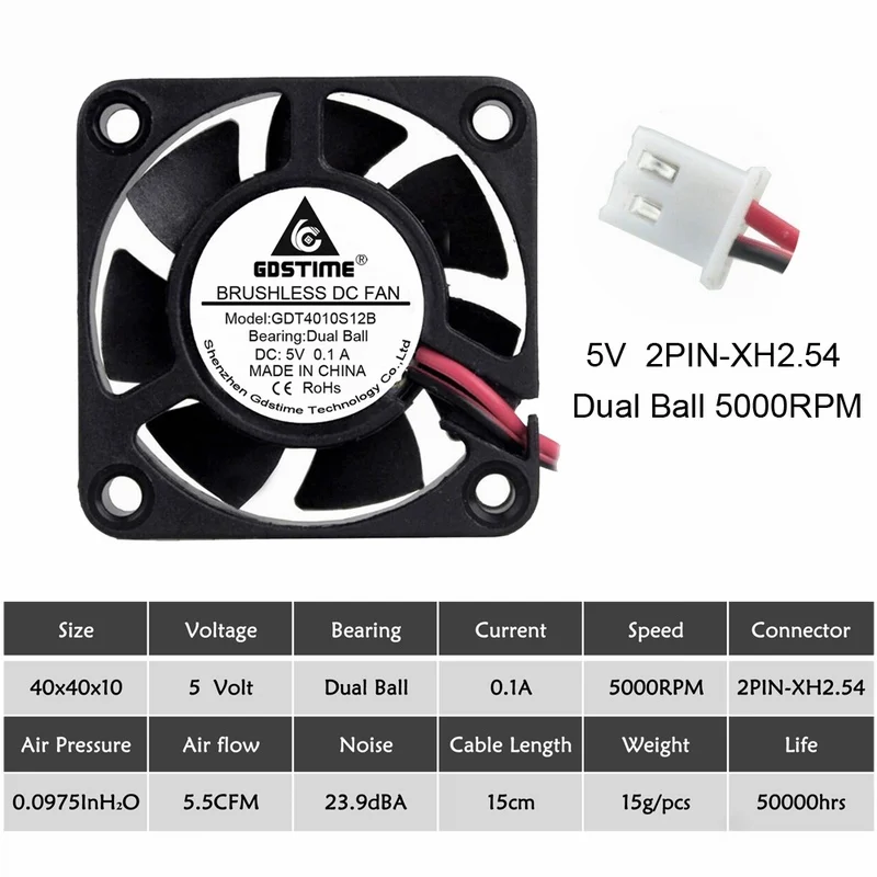 2 шт. Gdstime DC 24 в 12 В 5 в 40 мм x 40 мм x 10 мм 2-контактный шарикоподшипник для компьютера PC Корпус Вентилятор охлаждения 4010 - Цвет лезвия: 5V Two Ball 5000RPM
