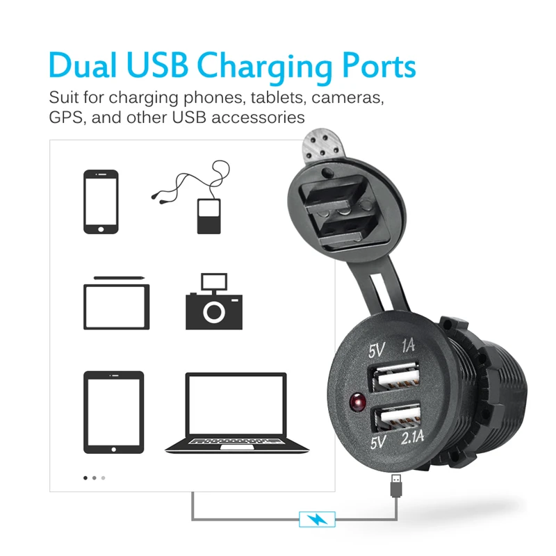 MICTUNING Предварительно проводной 12 В выключатель переключатель панель двойной USB разъем зарядное устройство 2.1A/1A W/светодиодный индикатор и Прикуриватель разъем для автомобиля