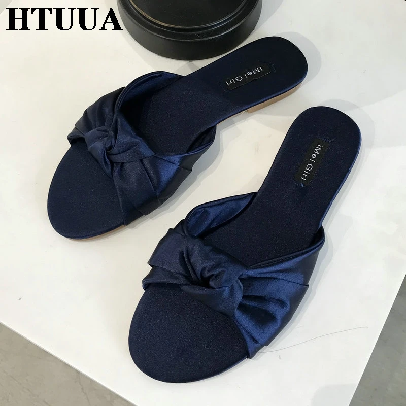 

HTUUA 2019 Fashion Chic Women Slippers Satin Fabric Bow Slippers Outside Flat Slides Summer Shoes Woman Slip On Sandals SX2669
