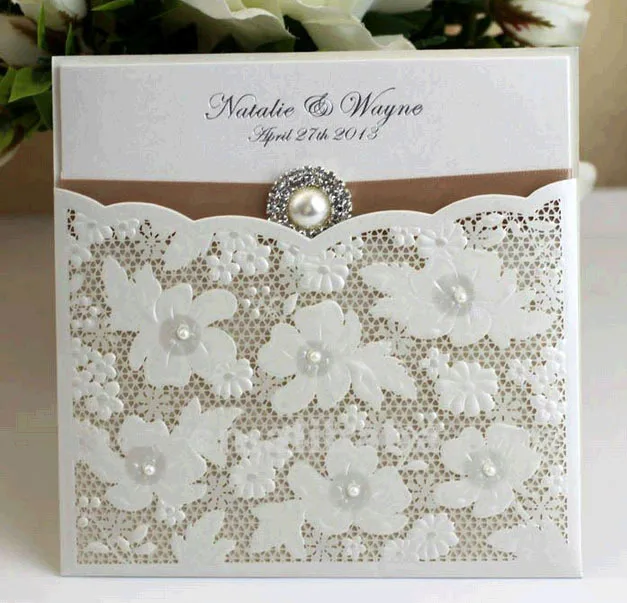 Embossed Wedding Invitation Paper Card Pearl Pocket Sleeves with Envelope Lace Embellishments