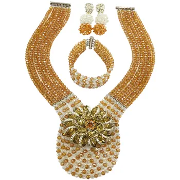 

Champagne Gold AB and Transparent Crystal Beaded Jewelry Sets African Beads Nigerian Wedding Necklace 6C-XJZ008