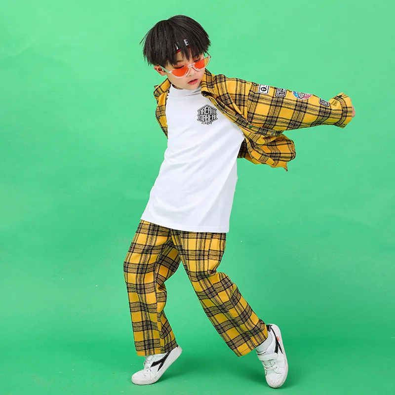 2019 New Children Hip-hop Street Dance Performance Costume Autumn Boys Girls Loose Jazz Dance Show Yellow Plaid Shirt Pants Set (4)