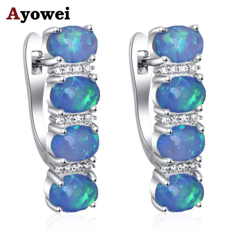 

Ayowei Office Style Simple design cilp earrings for women blue fire opal silver stamped fashion jewelry OE746A