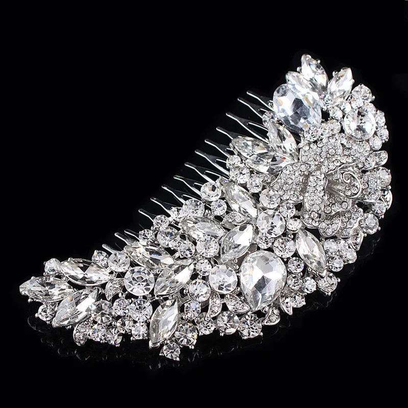 TREAZY Vintage Large Floral Bridal Hair Combs Rhinestone Crystal Wedding Tiara Hair Jewelry European Design Hair Accessories