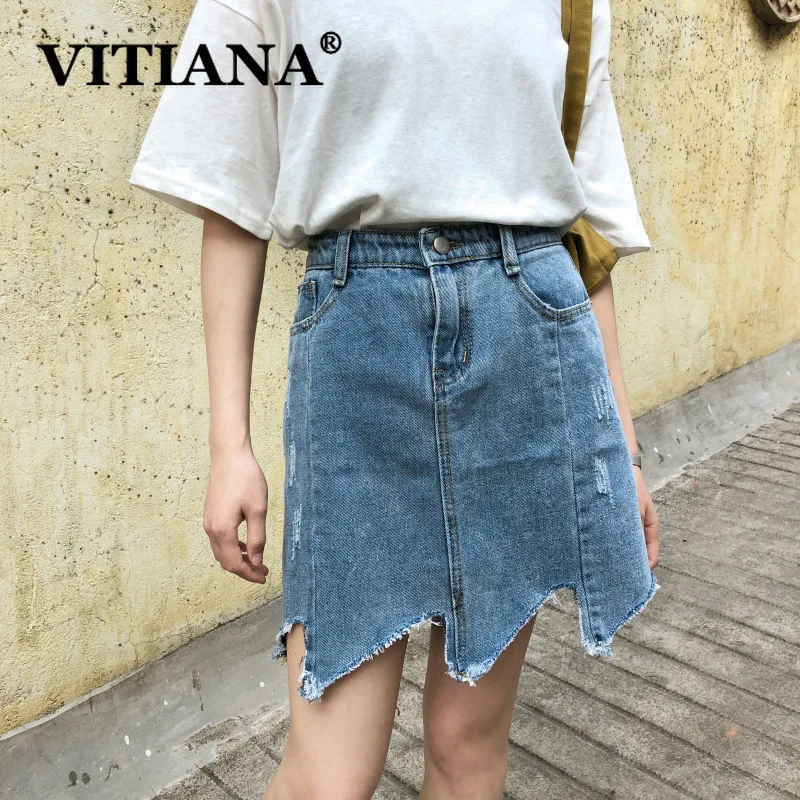 

VITIANA Women Empire Short Denim Skirt Summer 2019 Ladies Hole Pockets Button Solid Streetwear Blue Casual Mini Sexy Skirts
