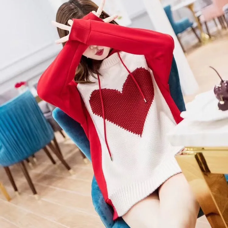Tissé À hiver Velours New 2018 Correspondant Couleur College Laine Chemise Couture Plus De Casual Rouge En Lâche Amour Tricot Automne Capuchon Style qgAwqfY