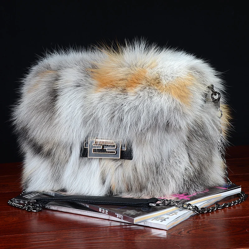 

Golden Fox Fur Handbags Women Metal Handbag Bag Backpack Wedding Party Purse Silver Grey Black Leather Chain Bag