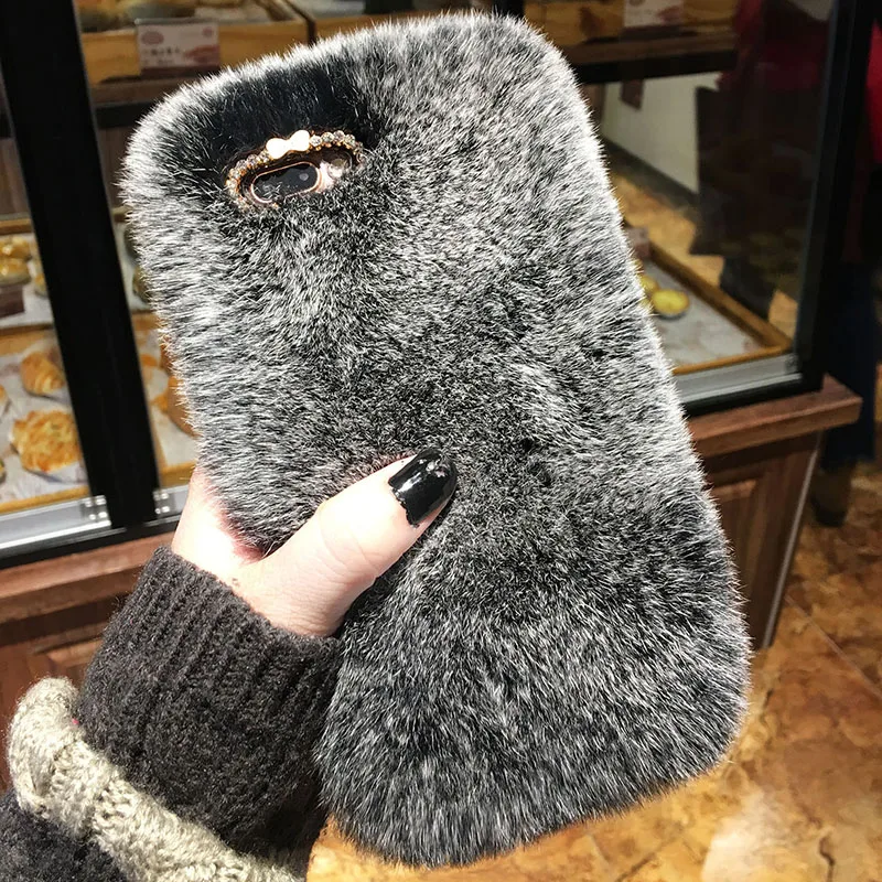 

Rabbit Fur Case for iPhone 8 7 6 6S Plus SE 5 5S Cover Fashion Bling Diamond Winter Soft Furry Shell Plush Phone Cases