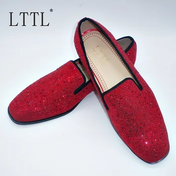 

Suede Mens Shoes New Handmade Fashion Red Rhinestone Wedding And Party Loafers Men Dress Shoes US 6-13 Luxury Men's Flats