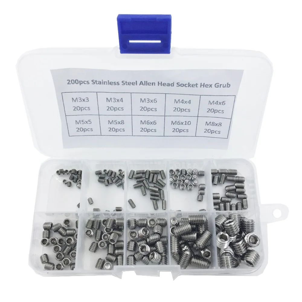 200pcs Stainless Steel Allen Head Socket Hex Grub Screws Fastening