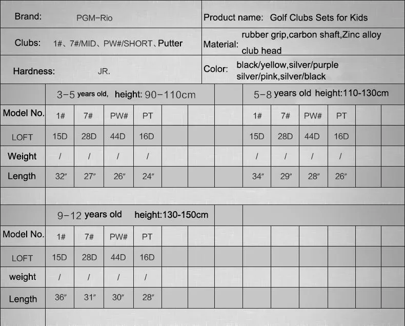 Kids Golf Club Size Chart