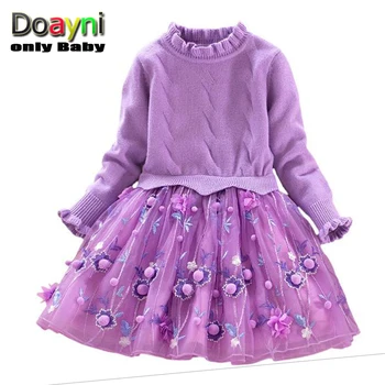 

Doayni Baby Girls Knitted Clothing Dress Turtleneck Sweater Patchwork Three Layer Mesh Dress with Small Ball akd Stereo Floral