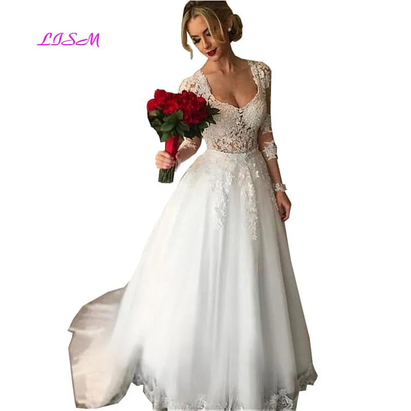 Vestido de noiva одежда с длинным рукавом свадебные платья 2019 элегантный Иллюзия сзади кружево аппликации для женщин кружевные свадебные платья