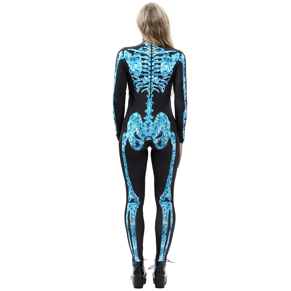 VIP Мода женщин Хэллоуин 3D флуоресцентный синий скелет комбинезоны страшные костюмы на Хэллоуин для женщин комбинезон с черепами