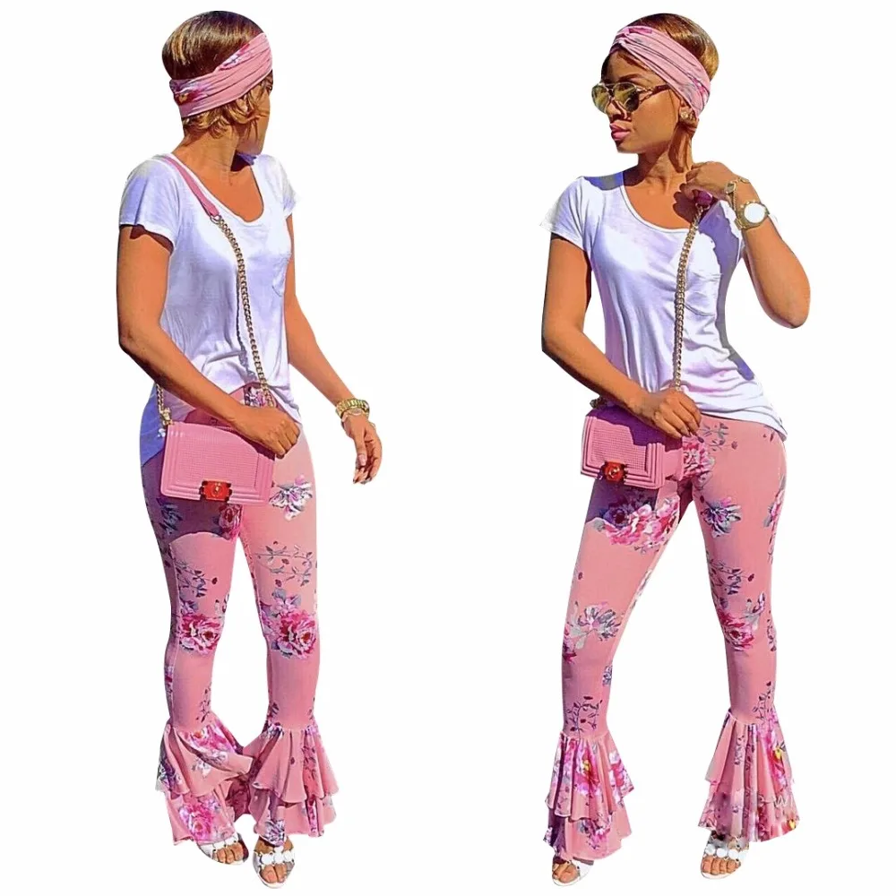 Новые модные летние розовые расклешенные брюки Цветочный Ruffled Draped Штаны с рисунком дамы новое поступление широкие брюки узкие джинсы Palazzo Лидер продаж