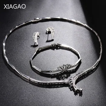 

XIAGAO 2017 Austrian Crystal Hollow Design Jewelry Set Women's Silver Color Wedding Leaves Necklace Earrings Bracelet Bijouterie