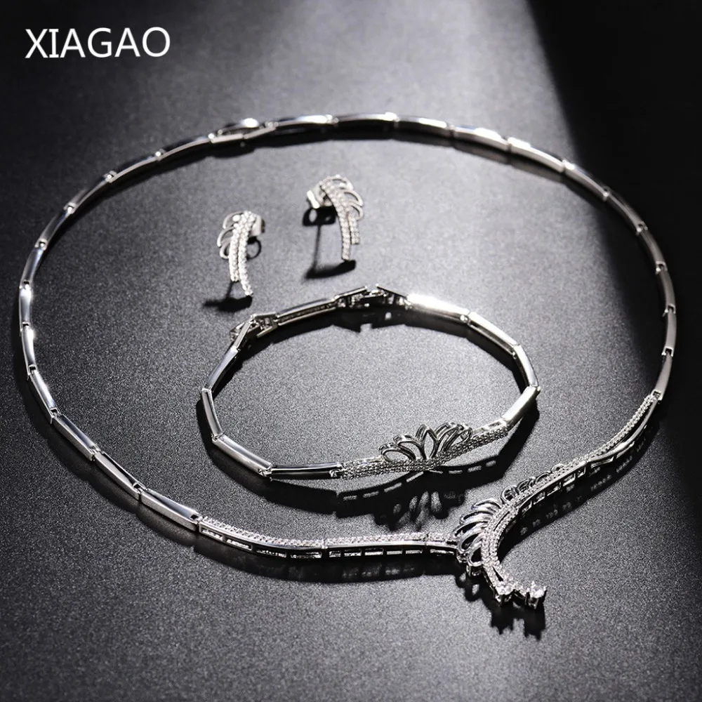 XIAGAO, 2017, австрийский кристалл, полый дизайн, ювелирный набор, женский, серебряный цвет, свадебные листья, ожерелье, серьги, браслет, бижутерия XIAGAO, 2017, австрийский кристалл, полый дизайн, ювелирный набор, женский, серебряный цвет, свадебные листья, ожерелье, серьги, браслет, бижутерия