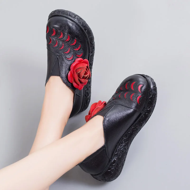 

women 2019 spring autumn genuine leather medium heels shoes female handmade flower pumps platform wedges shoes 18650