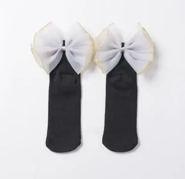 Носки для маленьких девочек новые хлопковые носки для детей от 1 до 8 лет детские кружевные носки принцессы из органзы с большим бантом и бабочкой для девочек - Цвет: black back lace