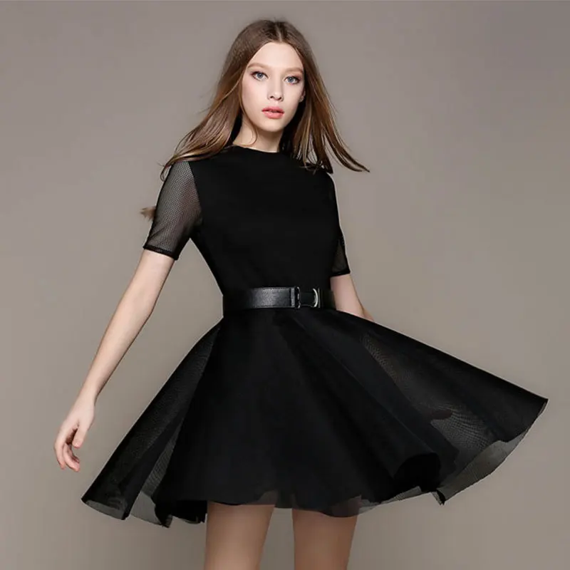 Summer England black stretch knit mesh short sleeve waist big fluffy