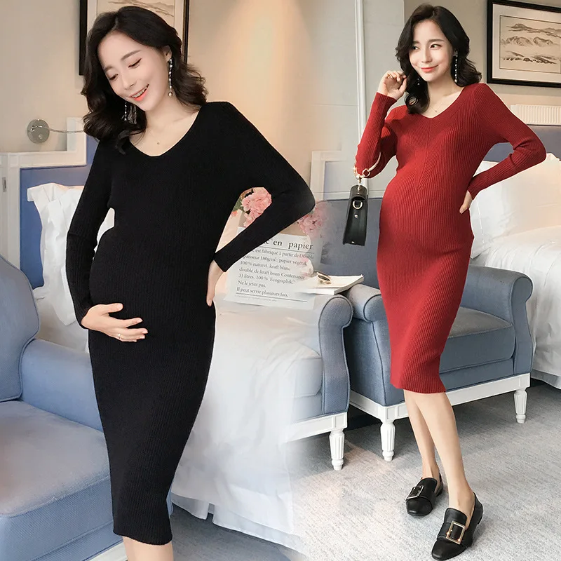 

Maternity Spring Autumn Sweater Dress New V-neck Long Slim Slimming Pregnant Women Pit Knitted Dress Pregnancy Tops