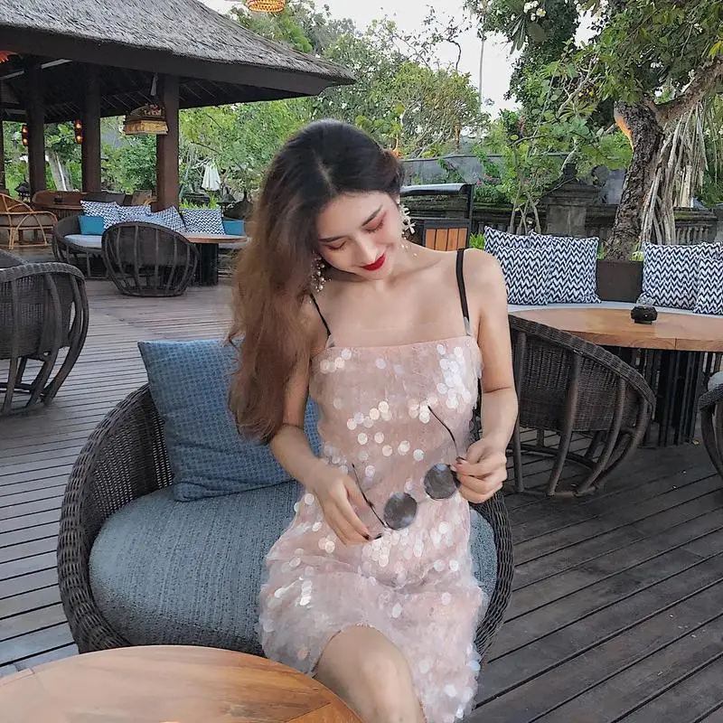 

Pink sequined sparkling dress with Sling Dress in 2019