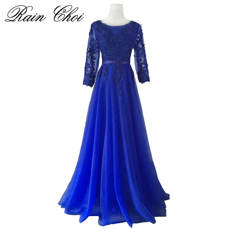 

Sexy Lace Royal Blue Bridesmaids Dresses Three Quarter Sleeves Beaded Long Bridesmaid Dress Formal Maid Of Honor Plus Size