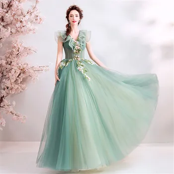 

Applique Flower Sexy Women Prom Dresses Long Ruffle Sleeve Vestido De Noche Elegante Illusion V-neck Slim Evening Gowns Custom