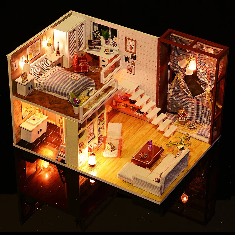 Diy деревянный кукольный дом игрушка кукольный домик Миниатюрный сборный комплект со светодиодной мебелью ручной работы миниатюрный кукольный домик простая городская модель