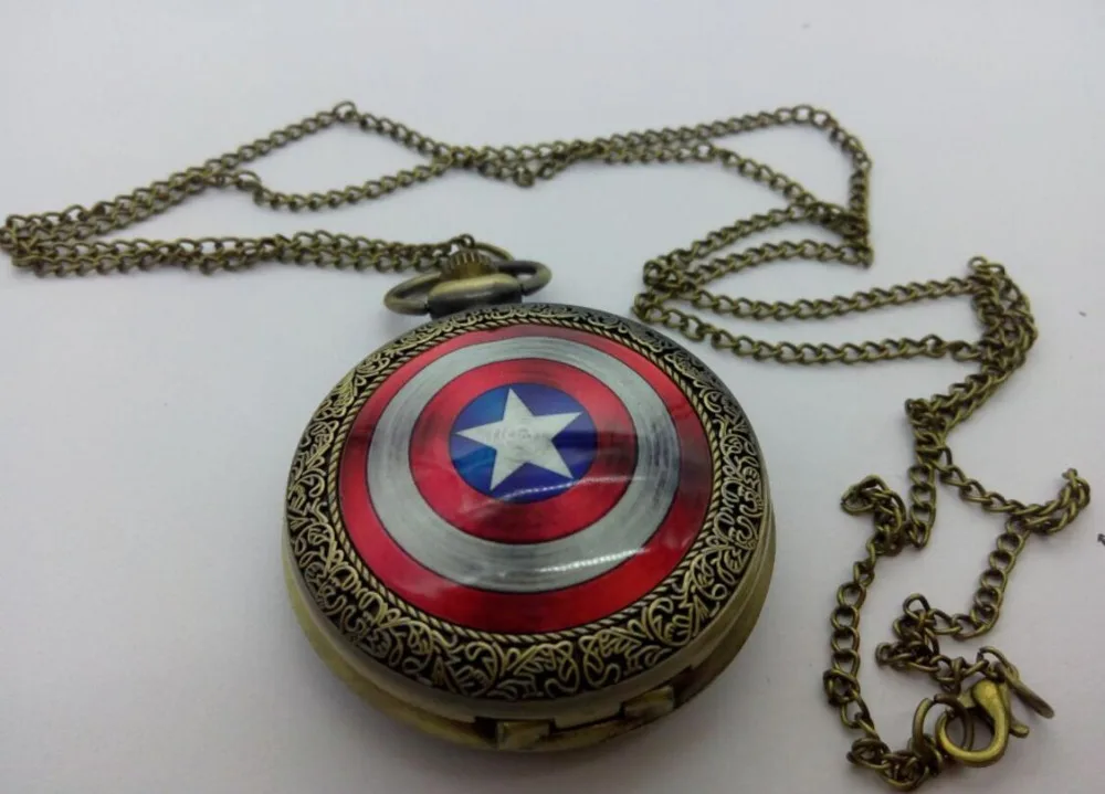

New Bronze antiques Fashion quartz Captain America enamel pattern Flip clock hour students gift Necklace pocket watches