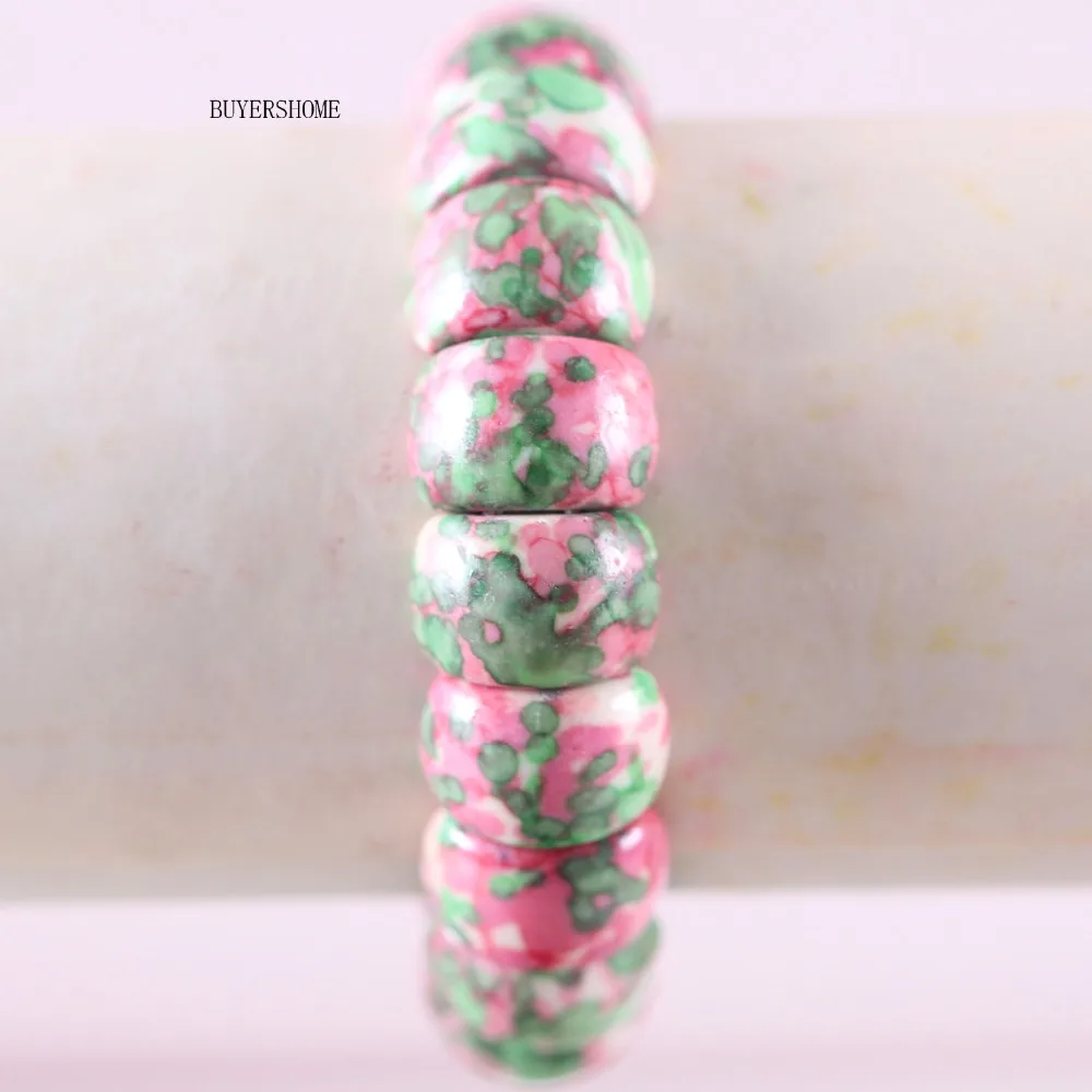 

BUYERSHOME Hot Women Jewelry Stretch 16x11x7MM Natural Beads Green With Pink Ocean Stone Bracelet 8" 1Pcs H924