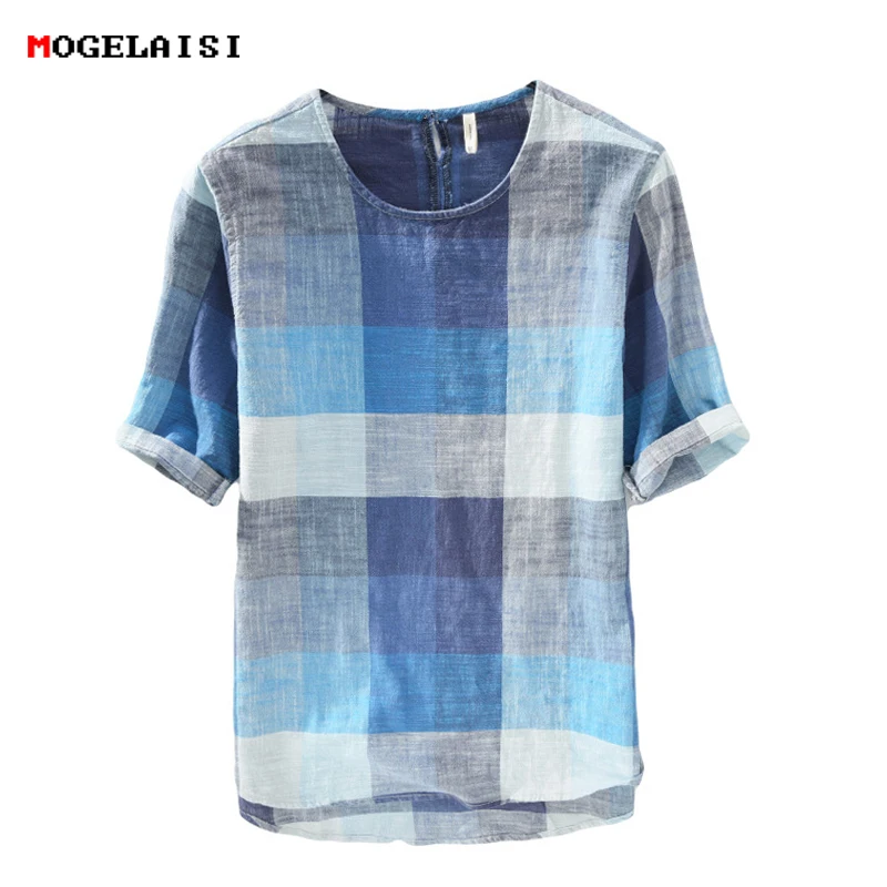 Meilleur Nouveau 2018 d été Chemise hommes coton lin Lâche moitié Chemise pour homme mince Rétro art plaid Chemise en Lin Lin Hommes Vêtements taille M 3XL