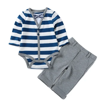 

new 2015 spring summer style baby boy clothing set newborn Casual bow-tie triangle bodysuits cardigan + pants boys striped suits