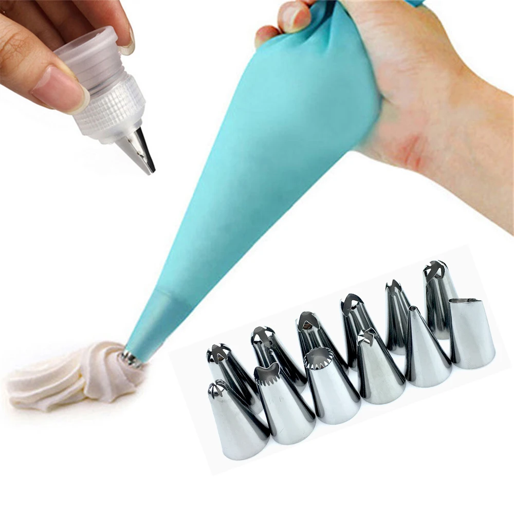 14 Pcs/Set Silicone Icing Piping Cream Pastry Bag +12PCS Stainless Steel Nozzle Pastry Tips Converter DIY Cake Decorating Tools 14 Pcs/Set Silicone Icing Piping Cream Pastry Bag +12PCS Stainless Steel Nozzle Pastry Tips Converter DIY Cake Decorating Tools